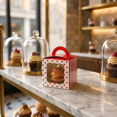 Restaurantware-Pastry Tek 4.5 Inch Individual Cupcake Boxes, 100 Polka Dots Cupcake Favor Boxes - Fits 1, With Window, Pink Paper Cupcake Gift Boxes, Built In Handle, For Weddings Or Parties - Image 4