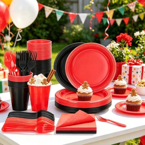 200pcs Red and Black Plastic Plates Party Supplies, Disposable 9’’ Dinner Plates and Napkins, Cups & Cutlery Plastic Dinnerware Set for Birthday, Halloween, Christmas, Serves 50 Guests - Image 4