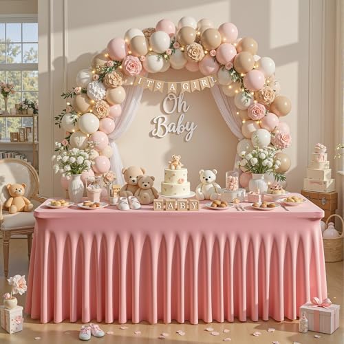 Wish Care 2 Pack Dusty Rose Spandex Table Clothes for 4 Foot Rectangle Tables, 4FT Wrinkle Free Fitted Tablecloths Ruffles Design Table Cloth for Party, Banquet, Wedding and Events - Image 2