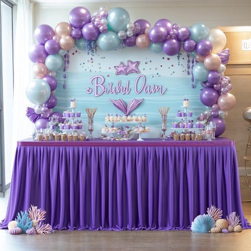 Partisky Purple Polyester Table Skirt for Rectangle Tables 17ft, Wrinkle Resistant Pleated Ruffle Table Cloth for Banquet Wedding Trade Baby Shower Display Gift Dining Table - Image 2