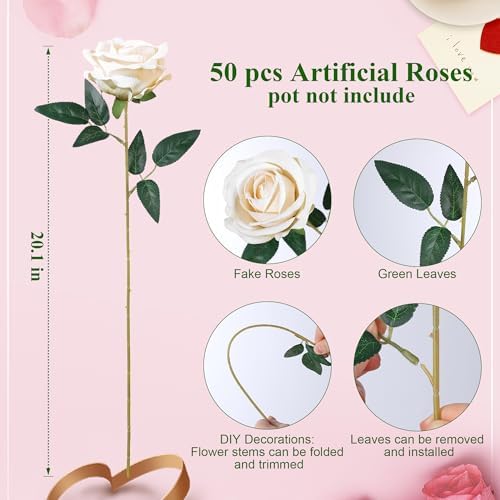 50 PCS Champagne Roses Artificial Flowers, Fake Roses with Stem Realistic Silk Rose for DIY Wedding Bouquets Table Centerpieces Arrangements Baby Shower Birthday Home Decor Valentines Day Gift for Her - Image 5