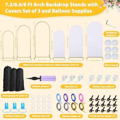 Arch Backdrop Stand and Cover Set of 3, 7.2ft 6.6ft 6ft Metal Arch Backdrop Stand with Spandex White Back Drop Covers Balloon Arch Kits, Gold Arch Stand Frame for Wedding Birthday Party Baby Shower - Image 3