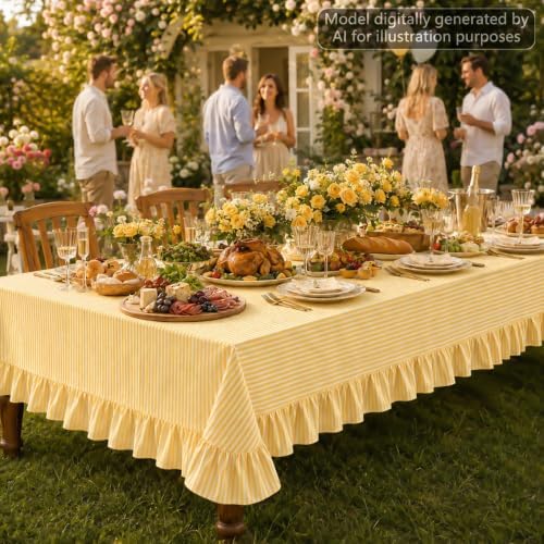 Striped Ruffled Tablecloth 60x120 Inch Cotton Polyester Striped Tablecloth Rectangular Fits 8-10 Seater Table Farmhouse Vintage Table Cover for Home Kitchen Baby Shower Birthday Party Picnic (Yellow) - Image 5