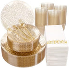Rubtlamp 350 Pcs Gold Glitter Plastic Plates, Hammered Disposable Plates Set (50 Guests), Glitter Dinnerware Set Include 100 Plastic Plates, 150 Glitter Silverware, 50 Cups And 50 Napkins by Rubtlamp