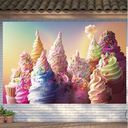 Fabric 8x6ft Summer Ice Cream Backdrop Colorful Ice Cream Dessert Photography Background Sweet One Birthday Decorations Here's The Scoop Baby Shower Cake Table Banner Photo Studio Props - Image 2