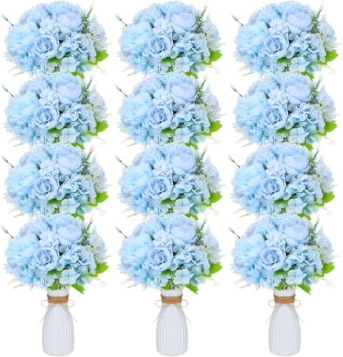12 Set Artificial Hydrangea Peony Flowers with Vase, Blue by Unknown