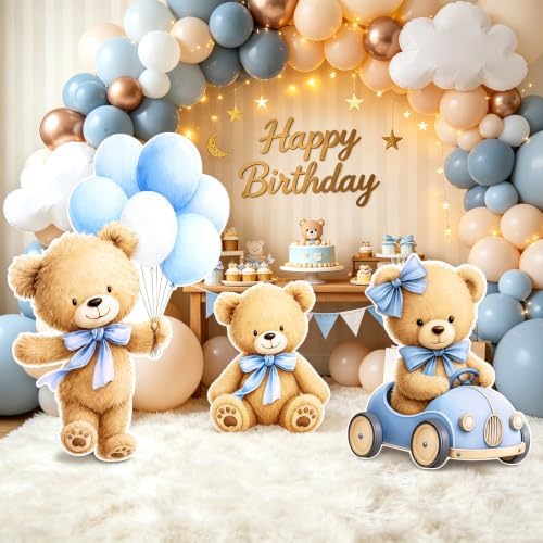 3 PCS Large Teddy Bear Baby Shower Decorations, Blue Bear Gender Reveal Cardboard Cutouts, We Can Bearly Wait Yard Signs Standup Photo Booth Props, Indoor & Outdoor Backdrop Decor by Unknown