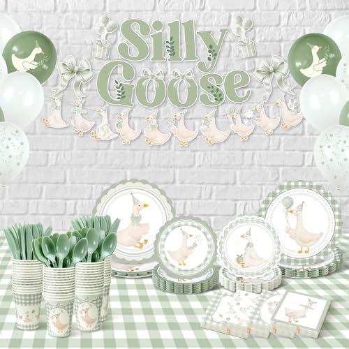 VioraWhite 183 Pcs Silly Goose Birthday Party Set Classical Sage Green - Image 4