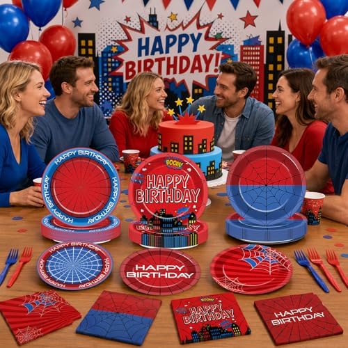 200PCS Spider Birthday Party Supplies Super Theme Paper Plates and Napkins Spider Web Disposable Tableware Set Red and Blue Hero Plates for Birthdays Baby Shower Movie Fans Party Decorations - Image 7
