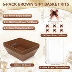6PACK Brown Baskets For Gifts Empty, 10x8” Sturdy Kraft Paper Hampers with 6 Clear Bags and 6 Pull Bows, DIY Gift Basket Kit for Christmas, Thanksgiving, Wedding - Image 3