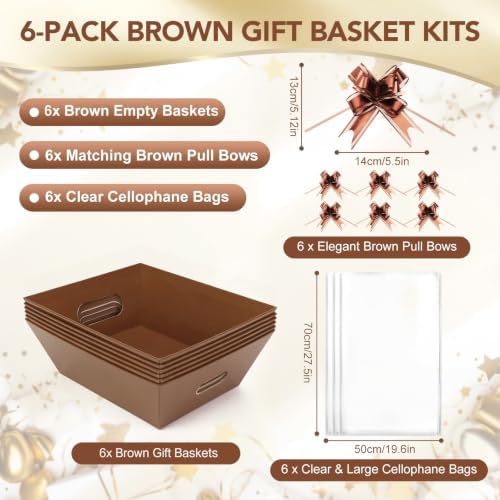 6PACK Brown Baskets For Gifts Empty, 10x8” Sturdy Kraft Paper Hampers with 6 Clear Bags and 6 Pull Bows, DIY Gift Basket Kit for Christmas, Thanksgiving, Wedding - Image 3