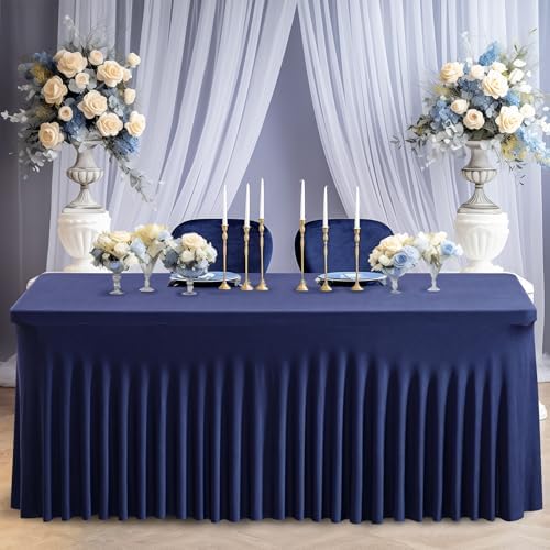 Wish Care 6 Pack Navy Blue Spandex Table Clothes for 8 Foot Rectangle Tables, 8FT Wrinkle Free Fitted Tablecloths Ruffles Design Table Cover for Party, Banquet, Wedding and Events - Image 6