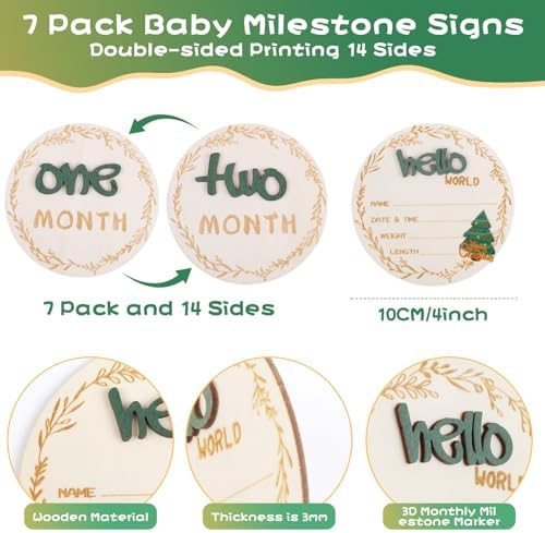 3D Baby Monthly Milestone Wooden Discs Set – 15 Pcs Baby Month Markers for Photos, Hello World Newborn Announcement Sign, My First Holiday Milestones Props Keepsakes - Image 2