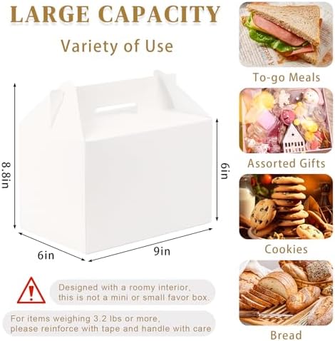TryDrem 30 Pack Large Gable Boxes with Handles, 9x6x6 Inch Spacious Capacity Party Favor Boxes, White Treat Box for Gifts, Bread, Cookies, Lunch, Bakery, Wedding, Birthday, Picnic - Image 2
