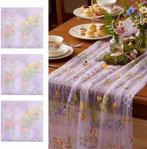 Purple Floral Table Runner 10ft Embroidery Tulle Spring Wildflower Gauze Table Runner Seasonal Summer Butterfly Kitchen Dining Decoration for Wedding Baby Shower Birthday Party (3 Pcs) by Windkream
