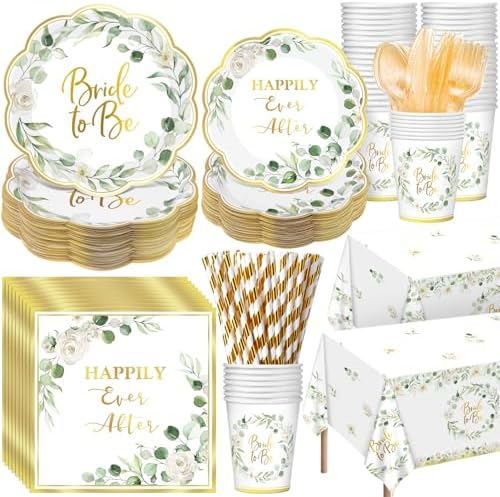 Funnymoom 452 Pcs Sage Green Bridal Shower Decorations for 50, Bride to Be Bridal Shower Paper Plates Napkins Cups Tablecloth Cutlery Straws for Eucalyptus Leaves Wedding Party Supplies by Funnymoom