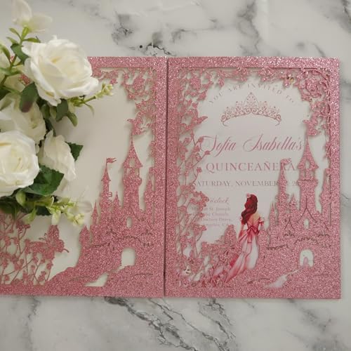 20PCS Castle Pocket Invitations, Quinceanera Invitations with Envelopes, Princess Invitation, Laser Cut quince invites (glitter pink) - Image 3