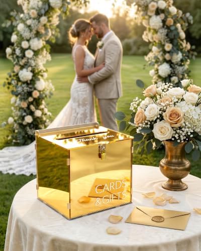 Gold Acrylic Wedding Card Box with Slot and Lock, Metallic Mirror Card Holder for Reception, Graduation, Bridal, Baby Shower, Birthday Party, Classy Golden Decorative Gift Boxes for Money Envelope - Image 7