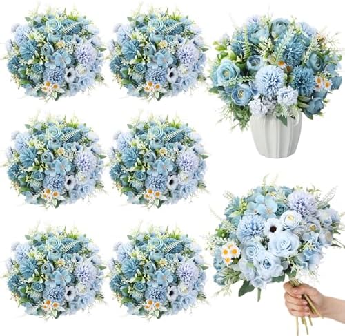 Tigeen 6 Bundles Artificial Flowers Bouquet for Wedding, Blue by Tigeen