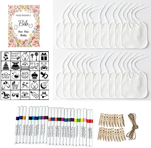 Baby Shower Bib Decorating Kit, 93 Pcs DIY Party Game with 22 White Bibs, 24 Markers, 25 Stencils, Gender Reveal Activity (flower) - Image 3
