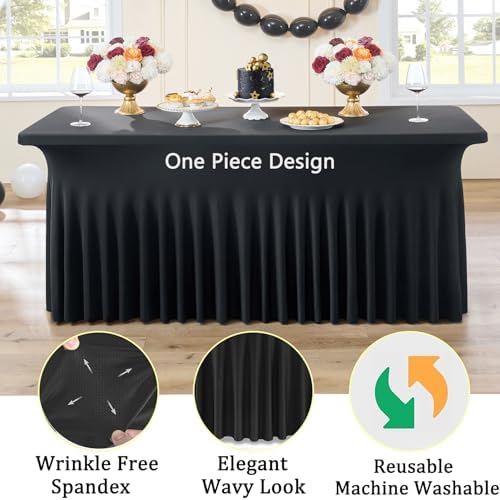 6 Pack Spandex Black Table Clothes for 6 Foot Rectangle Tables, Wrinkle Free Table Cloth Fitted Tablecover Stretchy Tablecloths with Skirt for Parties Wedding Banquet - Image 3