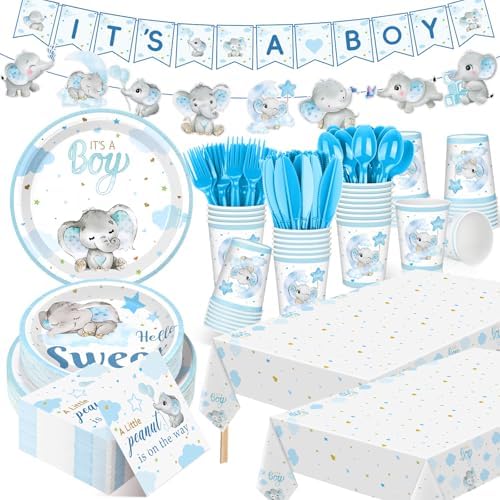 405 Pcs Blue Elephant Baby Shower Decorations, Plates Napkins Cups by Yiyiring