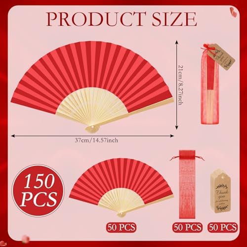 Roowest 50 Pack Paper Folding Fans Bamboo Wedding Favors, Red - Image 2