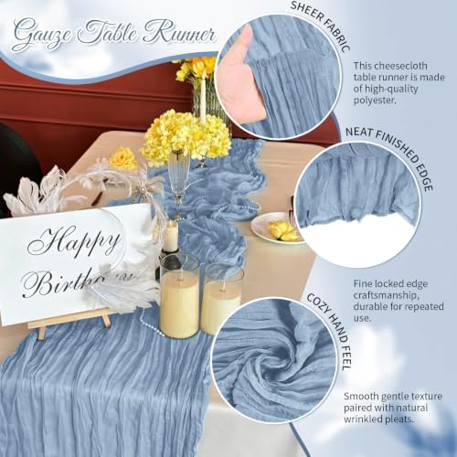 Dusty Blue Boho Cheesecloth Table Runner 12 Pack 17x108 Inch Sheer Gauze - Image 3