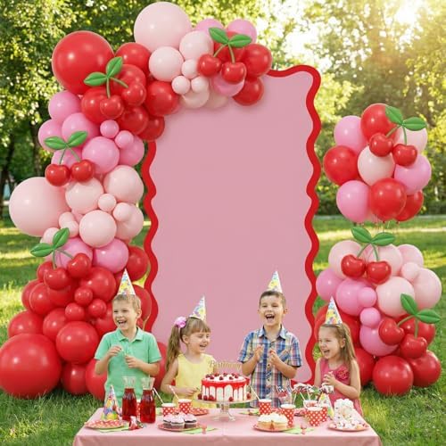 Leinuosen 6 ft Scalloped Pink Red Cardboard Cutout Backdrop Strawberry Baby Shower Cherry Birthday Party Decorations Lifesize Coquette Pink Wavy Backdrop Standup for Wedding Bridal Shower - Image 5