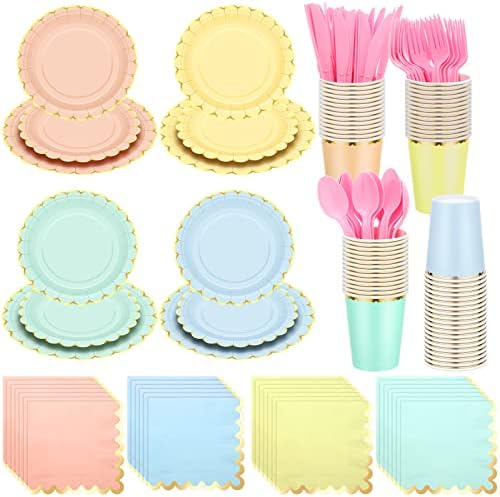 Yaomiao 168 Pcs Pastel Party Supplies Pastel Disposable Dinnerware Set by Yaomiao