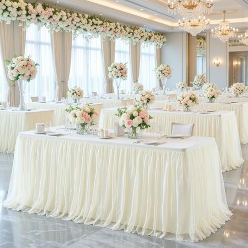 Suppromo Ivory Tulle Tablecloth for 6 Foot Rectangular Tables 6ft Ivory Table Cloth Rectangle Wrinkle Free Table Cover with Tutu Skirt for Wedding Birthday Party Bridal Shower Banquet - Image 4
