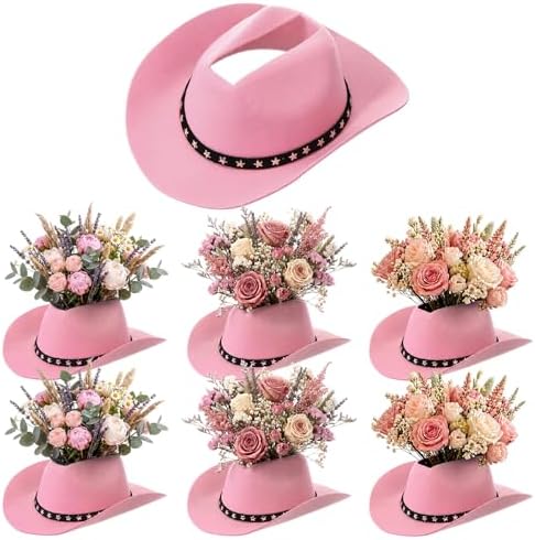 Didaey 6 Pcs Cowboy Hat Flower Vase Western Cowboy Party Table Centerpiece for Artificial Flower Cotton Linen Floral Vase with Top Opening Wedding Baby Shower Birthday Party (Star Belt,Pink) by Didaey