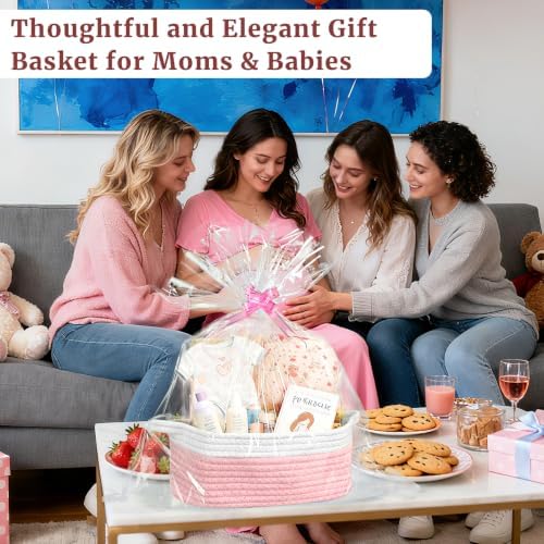 8 Pack Small Woven Baskets with Gift Bags & Ribbons & Cards, Cotton Rope Durable Storage with Handles 12"x8"x5" Empty Gift Baskets for Mother's Day, Baby Showers, Birthdays & Raffle (Pink) - Image 3
