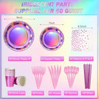 Iridescent Pink Party Supplies Decorations Serve 50, Hot Pink Holographic Paper Plates and Napkins Set, Disposable Pink Paper Plates Cups Knives Spoons Fork for Mermaid Disco Kpop Birthday Party Decor - Image 2