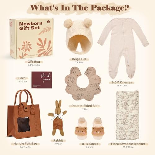 Golray Baby Gifts for Baby Shower, 9pcs Newborn Essential for Boys Girls 0-6 Months with Footed Romper/Muslin Swaddle Blanket/Felt Storage Bag/Bib, Welcome Baby Gender Reveal Infant Gift Box Set - Image 2