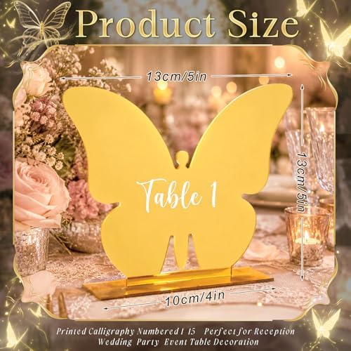 Lewtemi 15 Pcs Butterfly Gold Wedding Table Numbers 1-15 with Stands, Double Sided Mirror 4x5 Inch Acrylic Butterfly Signs Numbers for Reception, Wedding, Party, Anniversary, Events Table Decor - Image 2