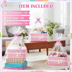 10 Pack Empty Gift Baskets, 12x8x5 Small Pink Woven Cotton Rope Baskets with Gift Bags & Ribbons, Decorative Baby Shower Hamper, Nursery Storage Basket with Handles for Shelves - Image 2