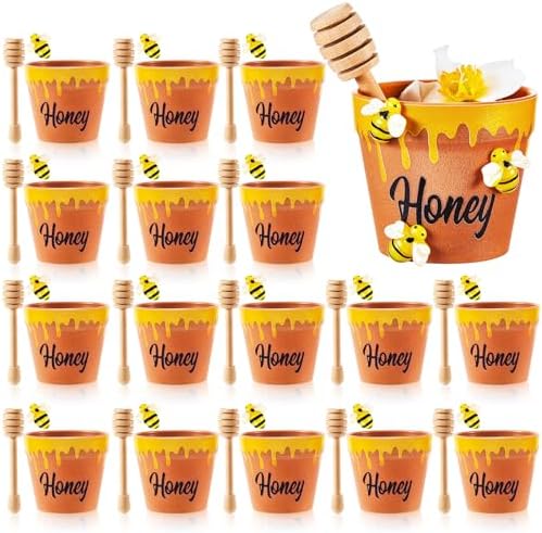 meekoo 16 Sets Mini Honey Bee Pots with Wooden Dippers Charms Honey Jars by meekoo