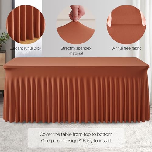 Wish Care 2 Pack Rust Spandex Table Clothes for 6 Foot Rectangle Tables, 6FT Wrinkle Free Fitted Tablecloths Ruffles Design Table Cloth for Party, Banquet, Wedding and Events - Image 4