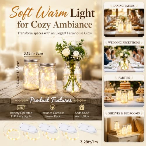 LemonRoad 6 Sets Mason Jar Centerpieces with Fairy Lights, Rustic Lighted Table Decorations for Weddings Party, Bridal Shower, Baby Shower, Farmhouse Home Decor, Floral Arrangements - Image 2