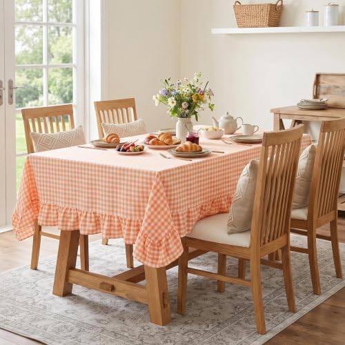 Eternal Beauty Gingham Ruffled Tablecloth Orange White 60x102 Thanksgiving - Image 2