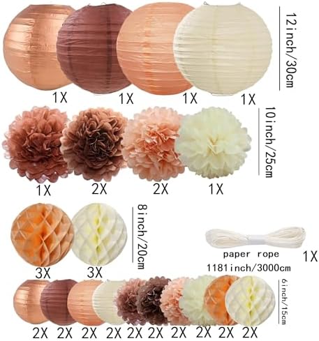 WOLHOWLTD Rose Gold Paper Decoration Set - 36 Pcs Paper Lanterns Pompoms Honeycomb for Wedding, Valentine's,Single Party,Bridal Shower,Birthday Home Garden Decoration(Rose Gold Coffee Peach Beige) - Image 2