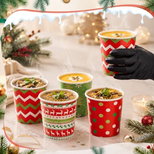Roshtia 60 Pack 16oz Disposable Christmas Tree Soup Paper Bowls with Lids - Image 5