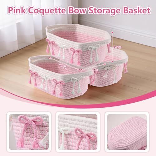 3PC Pink Bow Baskets for Gift Cute Coquette Woven Rope Storage Basket with Handle Laundry Hamper Storage Bins for Home Decor Organization Nursery Baby Shower, 11.8''x7.8''x4.7'' - Image 3
