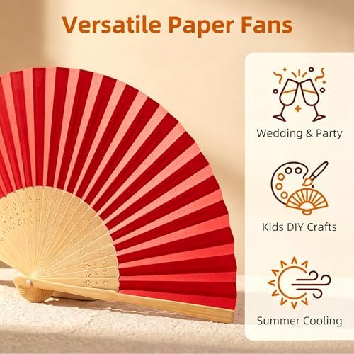 Paper Hand Fans, 8.3 Inch Foldable Handheld Fans for Wedding Favors, Party Decorations, Bridal Shower, Baby Shower, Summer Cooling, Decoration Fan(Red-50) - Image 3