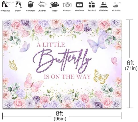 Butterfly Baby Shower Backdrop A Little Butterfly is On Her Way Photography Background Party Decorations Purple and Pink Floral Baby Shower Banner Photo Booth Props (8x6ft) - Image 3