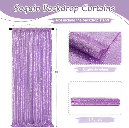 Wedding Sequin Backdrop Lavender 2 Pcs 5FTx10FT Glitter Curtain Backdrop Arch Fabric Drapes for Baby Shower Birthday Party Decoration - Image 3