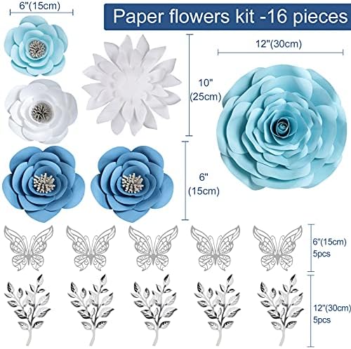 3D Blue Roses Artificial Flowers, Large Paper Flowers Decorations for Wall with Butterfly Stickers, Fake Flower Wall Decor for Baby Boy Nursery Room, Wedding Centerpiece, Party Backdrop - Image 6