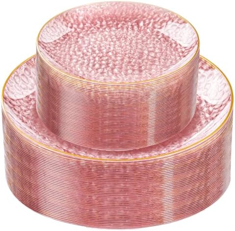 Rubtlamp 60Pcs Pink Plastic Plates,Clear Pink Plates With Gold Rim,Hammered Gold Plates Include 30Pink Plastic Dessert Platos, 30Gold Dinner Platos For Party by Rubtlamp