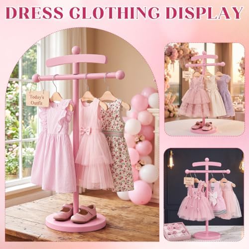 Marsui 1 Set Wooden Baby Clothes Display Stand with 3 Hangers Plaque, Pink - Image 5